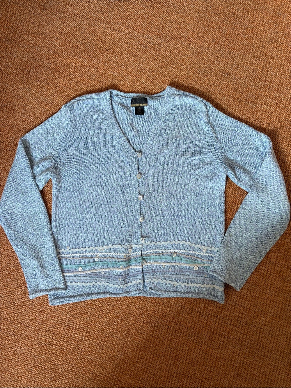 Sigrid Olsen Light Blue Knit V-Neck Cardigan with Subtle Stripe Detail